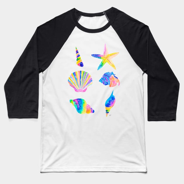 Seashells Pattern - Bright Rainbow Baseball T-Shirt by monitdesign